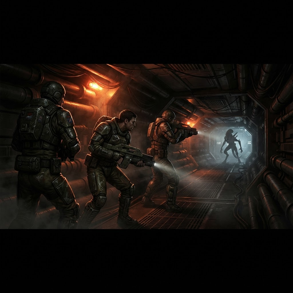 Colonial Marines preparing for a xenomorph encounter in a dark spaceship corridor